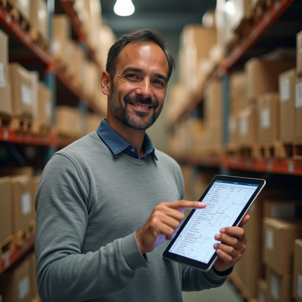 Persona revisando en una notebook una planilla de stock sincronizada con ventas de MercadoLibre