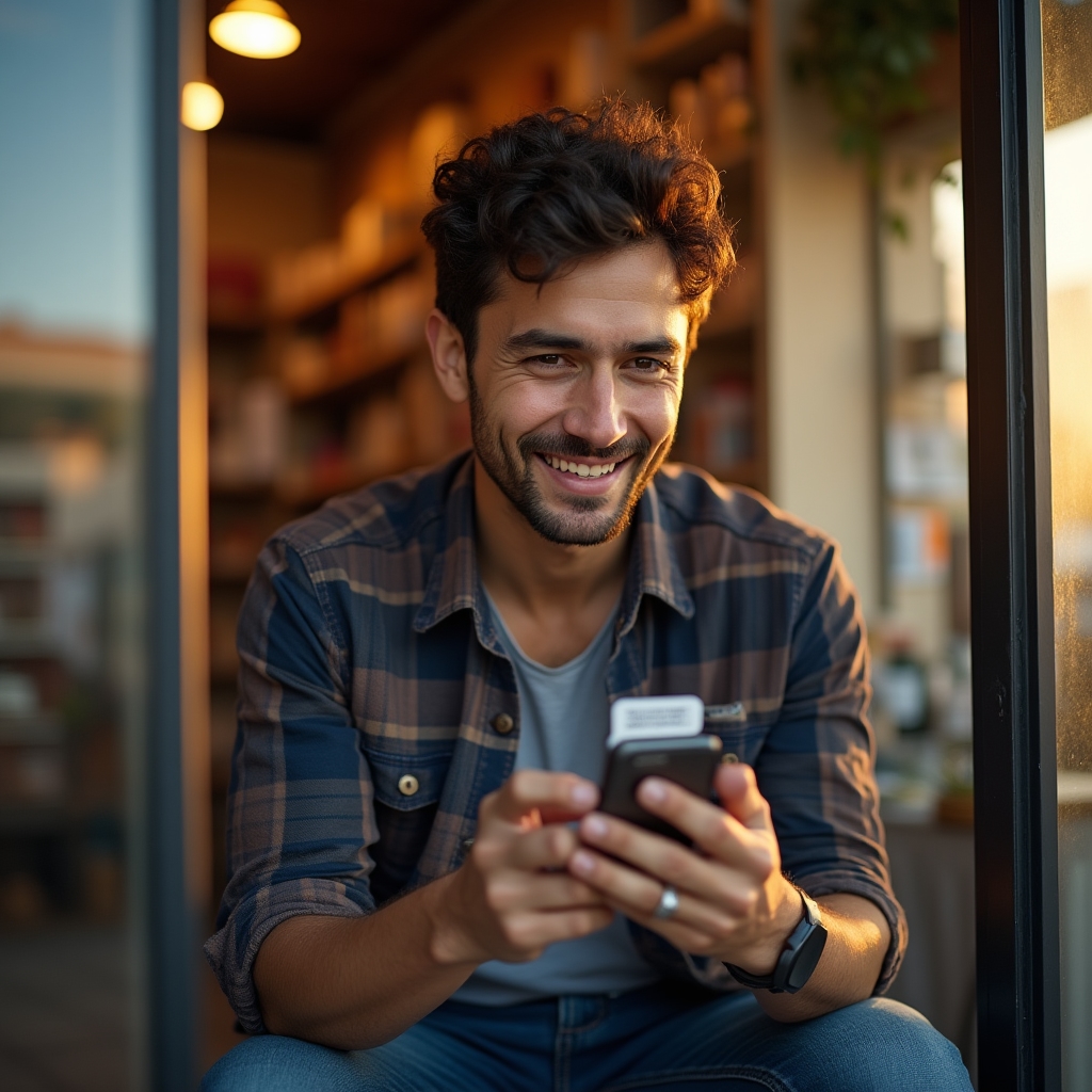 Persona mirando su celular con un recordatorio de pago automático enviado por WhatsApp Business